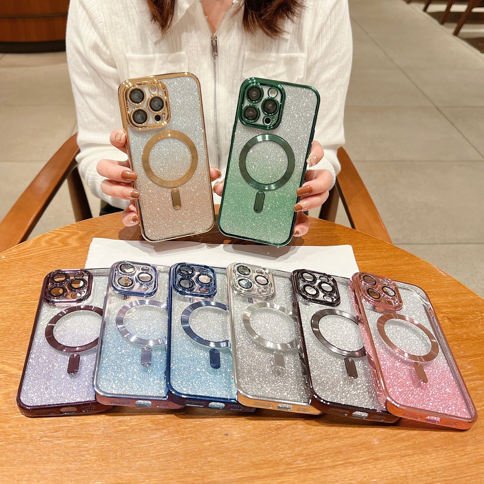 Luxury iPhone Case MagSafe Compatible Gradient Glitter Crossbody Strap Shockproof TPU Protective Cover Camera Lens Protection Slim Design