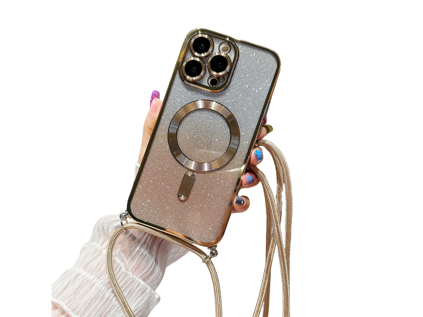 Luxury iPhone Case MagSafe Compatible Gradient Glitter Crossbody Strap Shockproof TPU Protective Cover Camera Lens Protection Slim Design