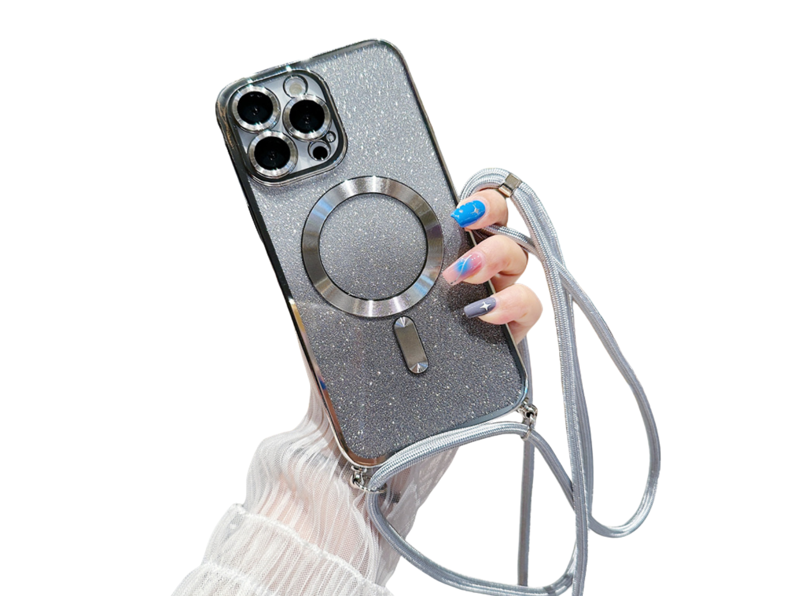 Luxury iPhone Case MagSafe Compatible Gradient Glitter Crossbody Strap Shockproof TPU Protective Cover Camera Lens Protection Slim Design