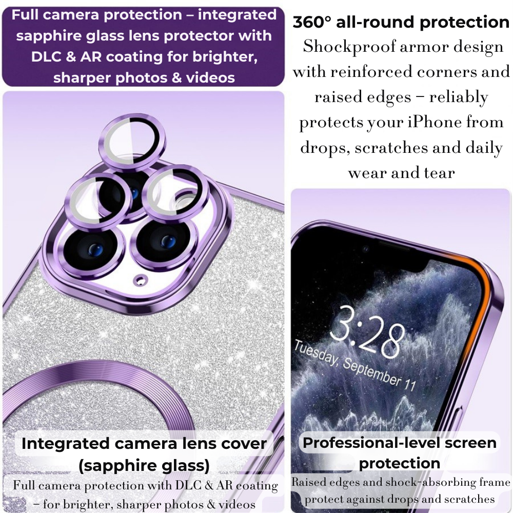 Luxury iPhone Case MagSafe Compatible Gradient Glitter Crossbody Strap Shockproof TPU Protective Cover Camera Lens Protection Slim Design