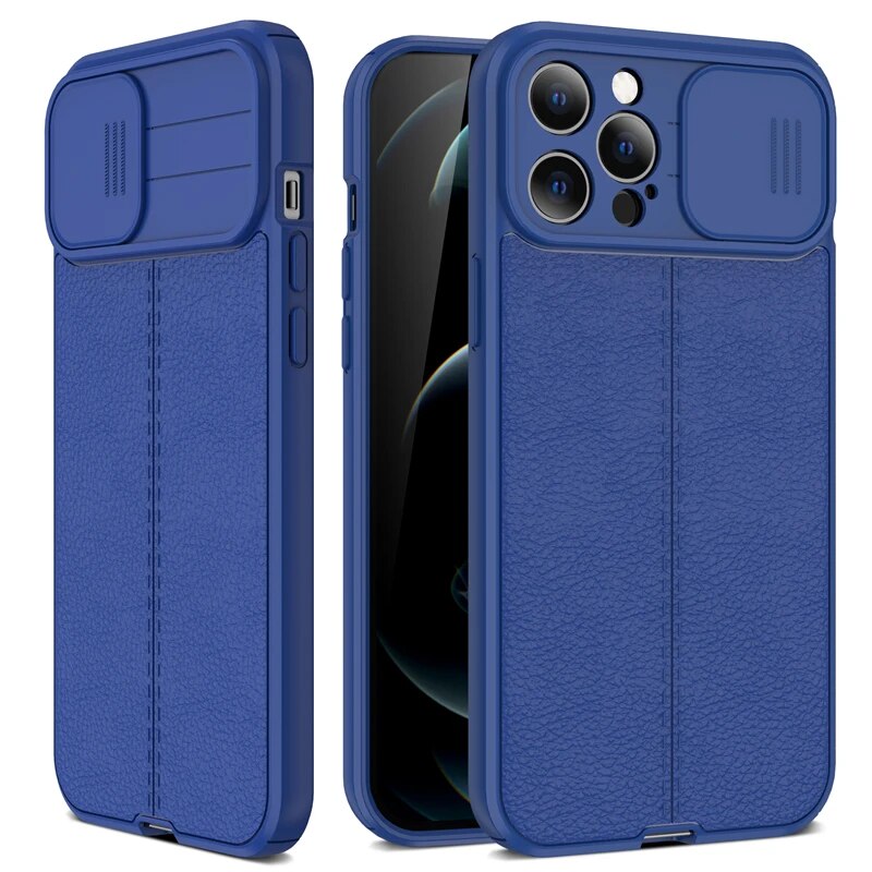 Luxury iPhone Case MagSafe Compatible Leather Texture Sliding Camera Cover Shockproof Protective Cover Camera Lens Protection Slim Design