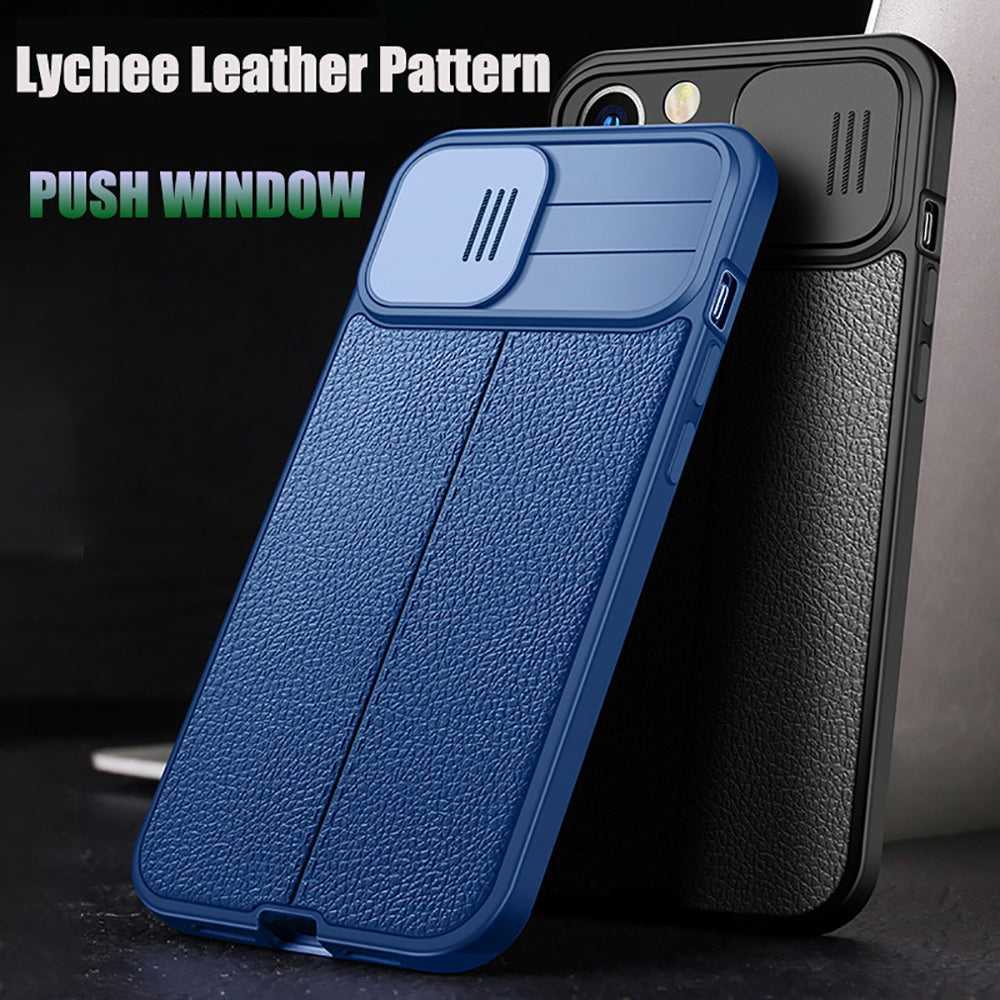 Luxury iPhone Case MagSafe Compatible Leather Texture Sliding Camera Cover Shockproof Protective Cover Camera Lens Protection Slim Design