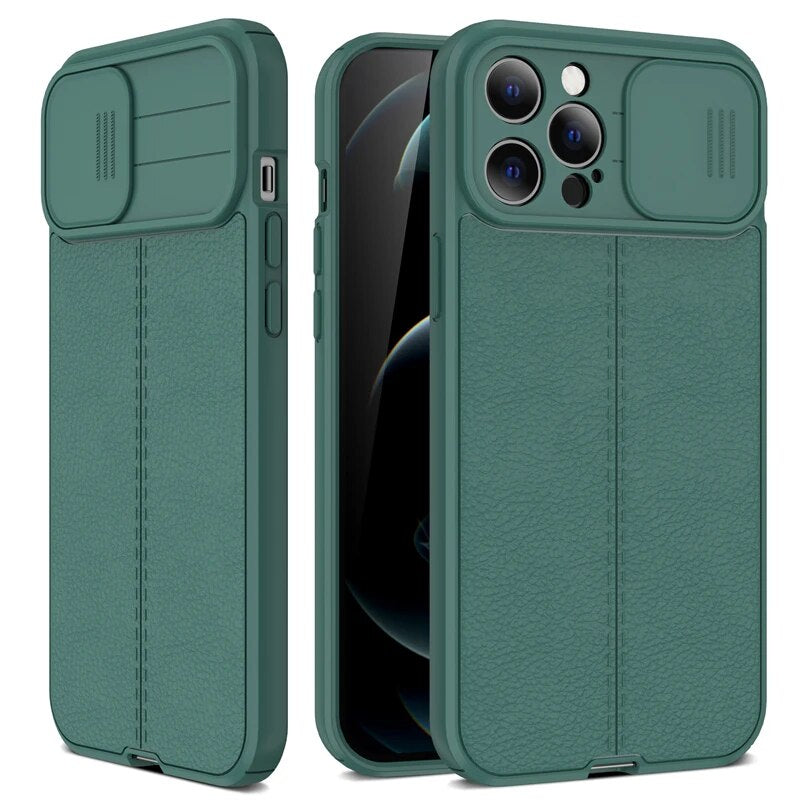 Luxury iPhone Case MagSafe Compatible Leather Texture Sliding Camera Cover Shockproof Protective Cover Camera Lens Protection Slim Design