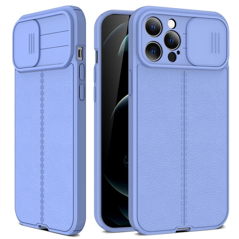 Luxury iPhone Case MagSafe Compatible Leather Texture Sliding Camera Cover Shockproof Protective Cover Camera Lens Protection Slim Design
