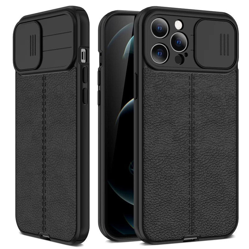 Luxury iPhone Case MagSafe Compatible Leather Texture Sliding Camera Cover Shockproof Protective Cover Camera Lens Protection Slim Design