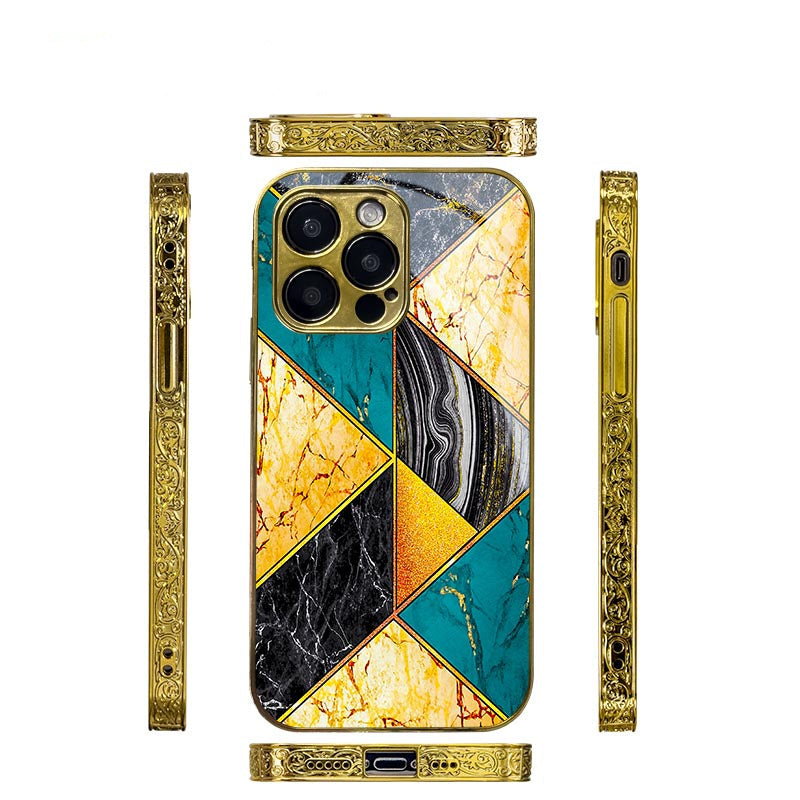 Luxury iPhone Case MagSafe Compatible Marble Texture Shockproof Protective Cover Gold Frame Design Camera Lens Protection Slim Profile