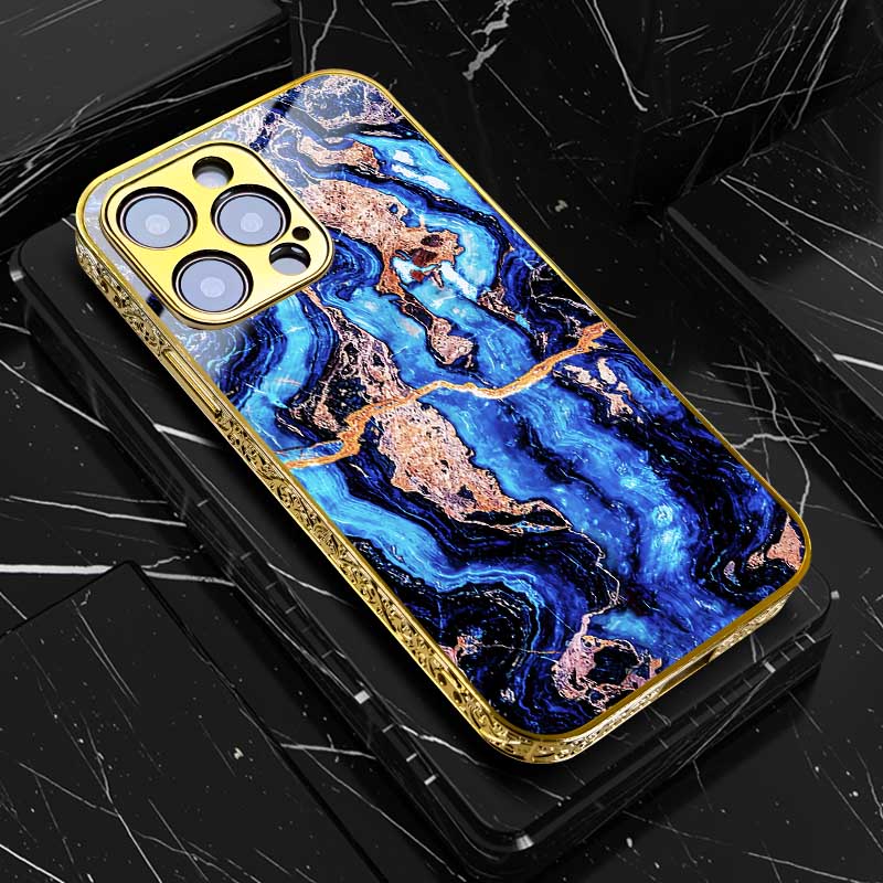 Luxury iPhone Case MagSafe Compatible Marble Texture Shockproof Protective Cover Gold Frame Design Camera Lens Protection Slim Profile