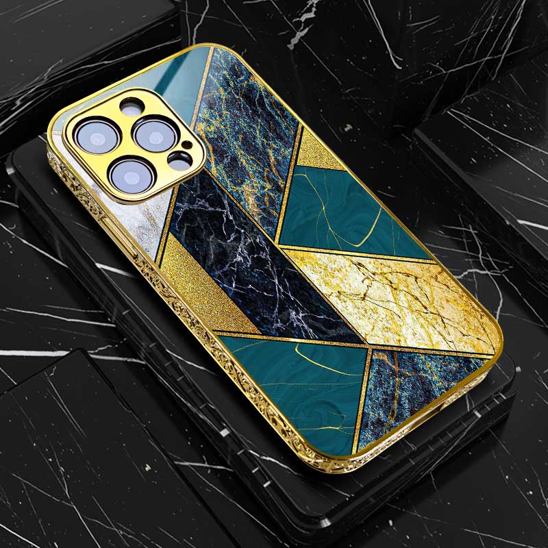 Luxury iPhone Case MagSafe Compatible Marble Texture Shockproof Protective Cover Gold Frame Design Camera Lens Protection Slim Profile