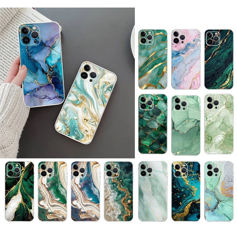 Luxury iPhone Case MagSafe Compatible Marble Texture Shockproof Protective Cover Gold Frame Design Camera Lens Protection Slim Profile