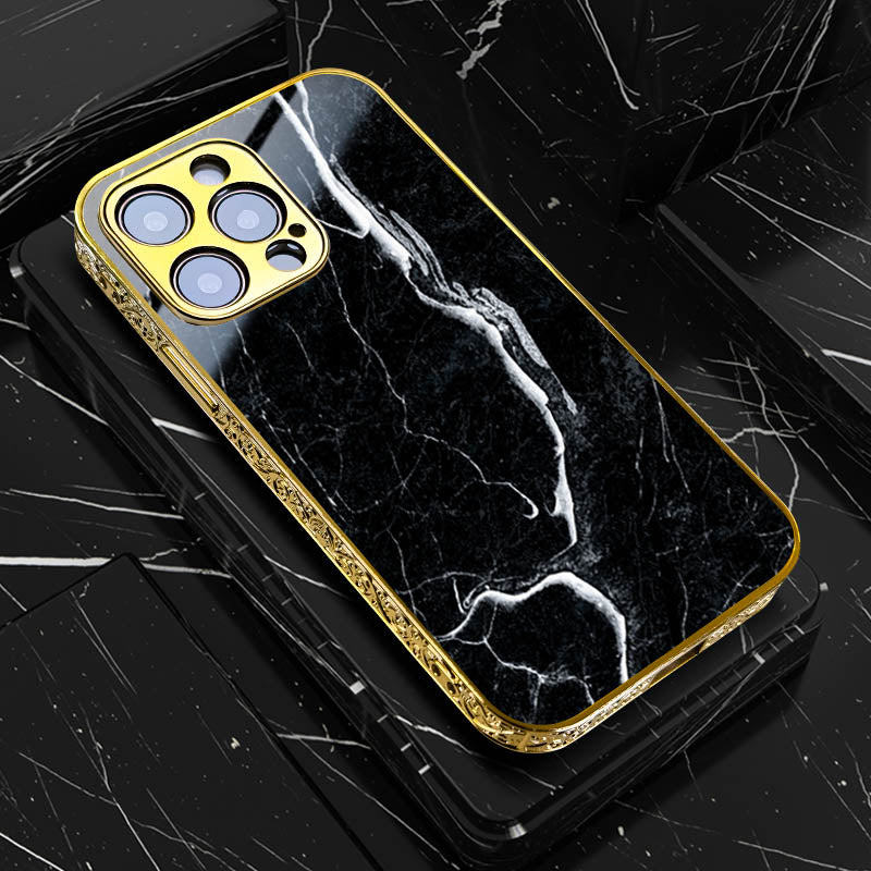 Luxury iPhone Case MagSafe Compatible Marble Texture Shockproof Protective Cover Gold Frame Design Camera Lens Protection Slim Profile