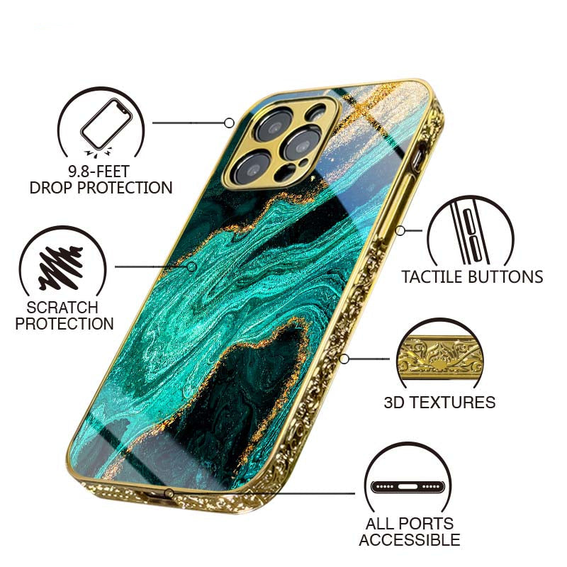 Luxury iPhone Case MagSafe Compatible Marble Texture Shockproof Protective Cover Gold Frame Design Camera Lens Protection Slim Profile