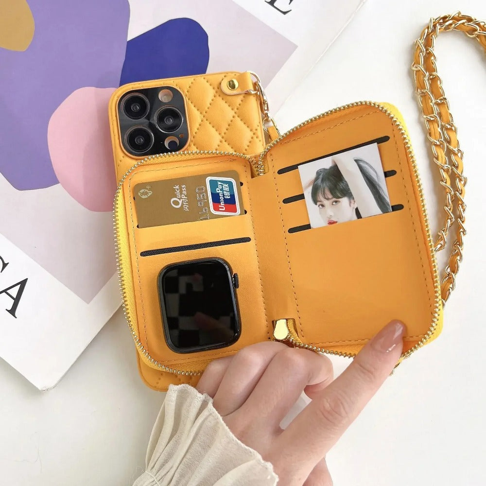 Luxury iPhone Case Wallet MagSafe Compatible Leather Zipper Crossbody Strap Card Holder Shockproof Protective Cover Camera Lens Protection Slim Design