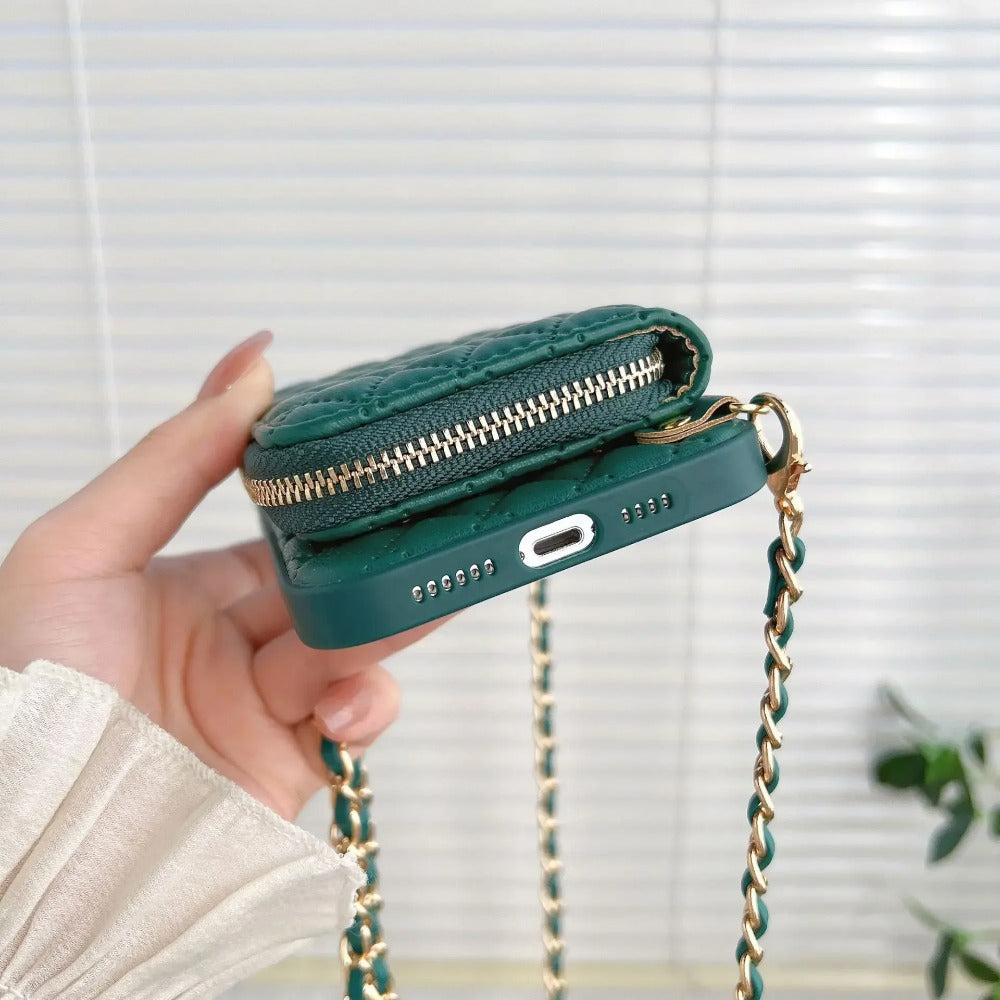Luxury iPhone Case Wallet MagSafe Compatible Leather Zipper Crossbody Strap Card Holder Shockproof Protective Cover Camera Lens Protection Slim Design