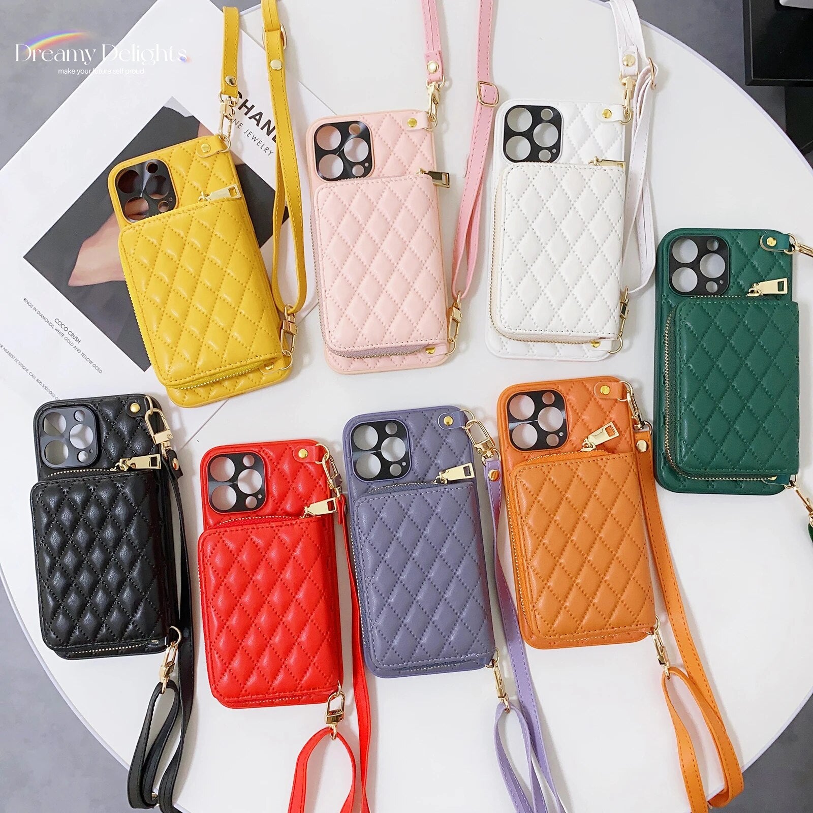 Luxury iPhone Case Wallet MagSafe Compatible Leather Zipper Crossbody Strap Card Holder Shockproof Protective Cover Camera Lens Protection Slim Design
