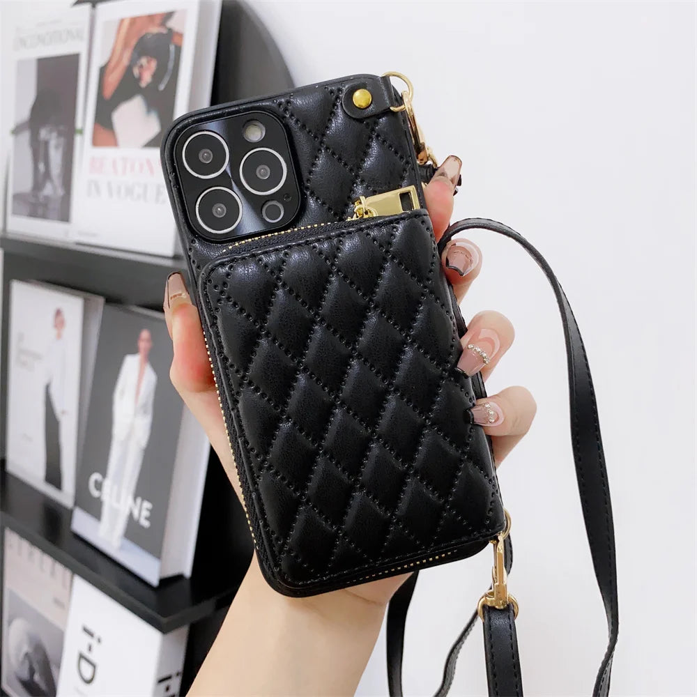 Luxury iPhone Case Wallet MagSafe Compatible Leather Zipper Crossbody Strap Card Holder Shockproof Protective Cover Camera Lens Protection Slim Design