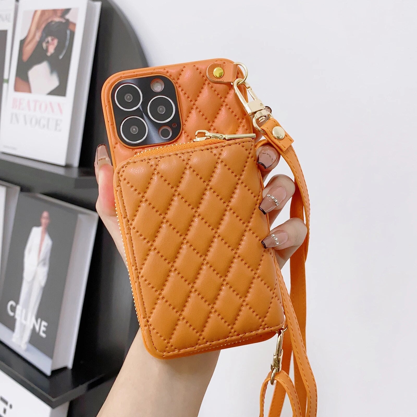 Luxury iPhone Case Wallet MagSafe Compatible Leather Zipper Crossbody Strap Card Holder Shockproof Protective Cover Camera Lens Protection Slim Design