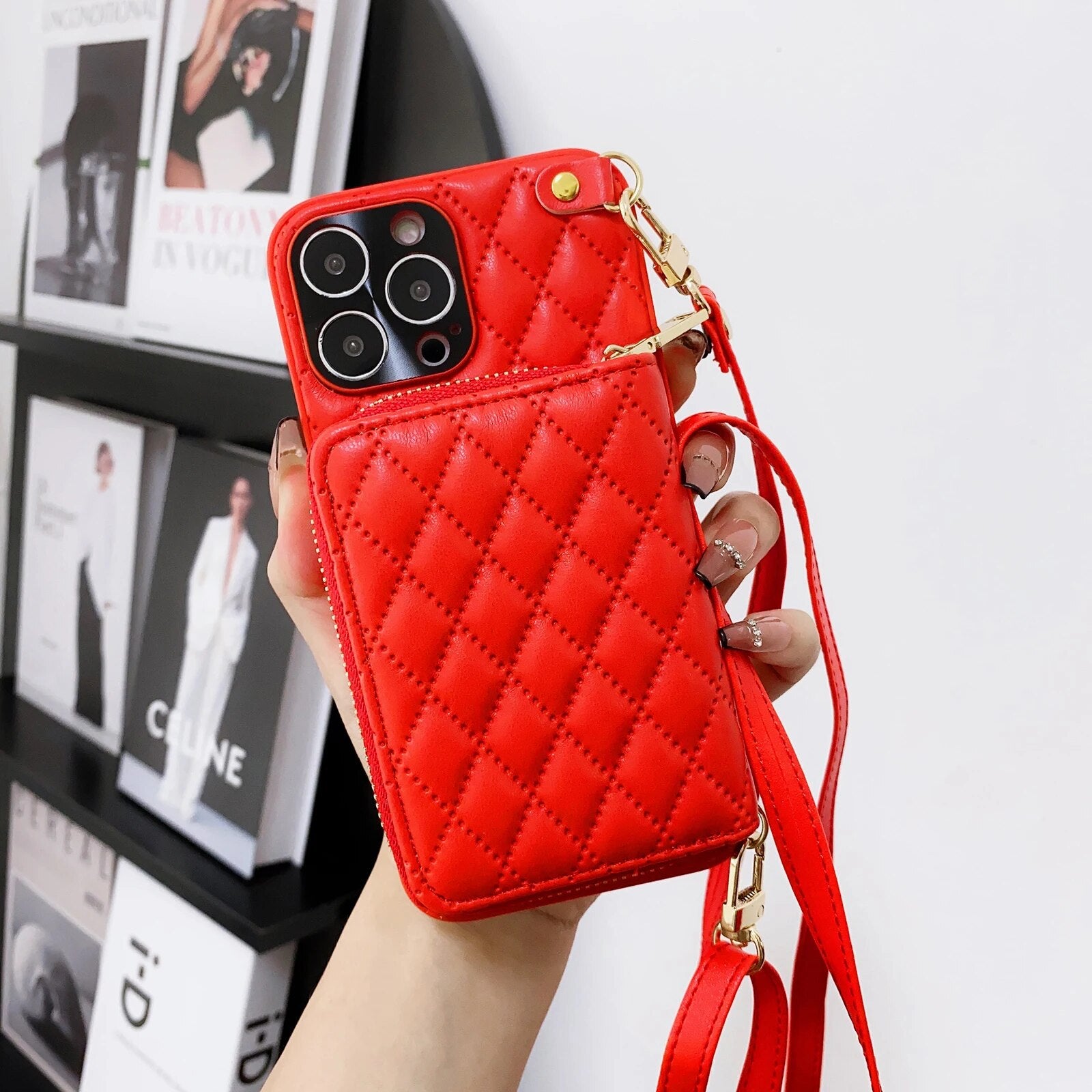 Luxury iPhone Case Wallet MagSafe Compatible Leather Zipper Crossbody Strap Card Holder Shockproof Protective Cover Camera Lens Protection Slim Design