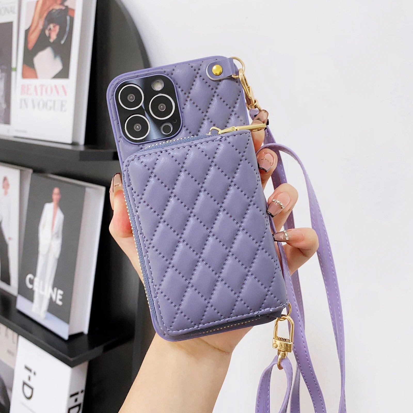 Luxury iPhone Case Wallet MagSafe Compatible Leather Zipper Crossbody Strap Card Holder Shockproof Protective Cover Camera Lens Protection Slim Design