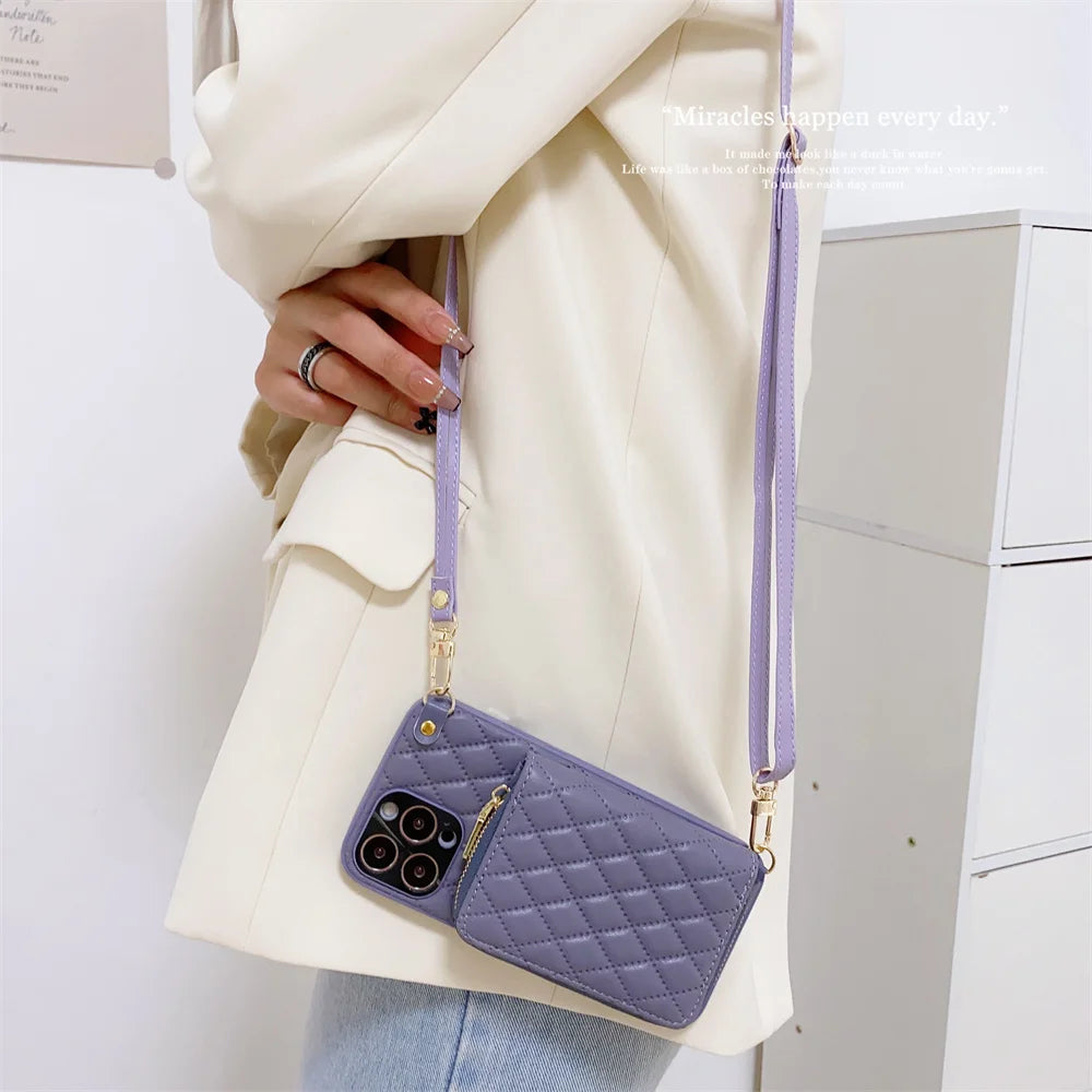 Luxury iPhone Case Wallet MagSafe Compatible Leather Zipper Crossbody Strap Card Holder Shockproof Protective Cover Camera Lens Protection Slim Design