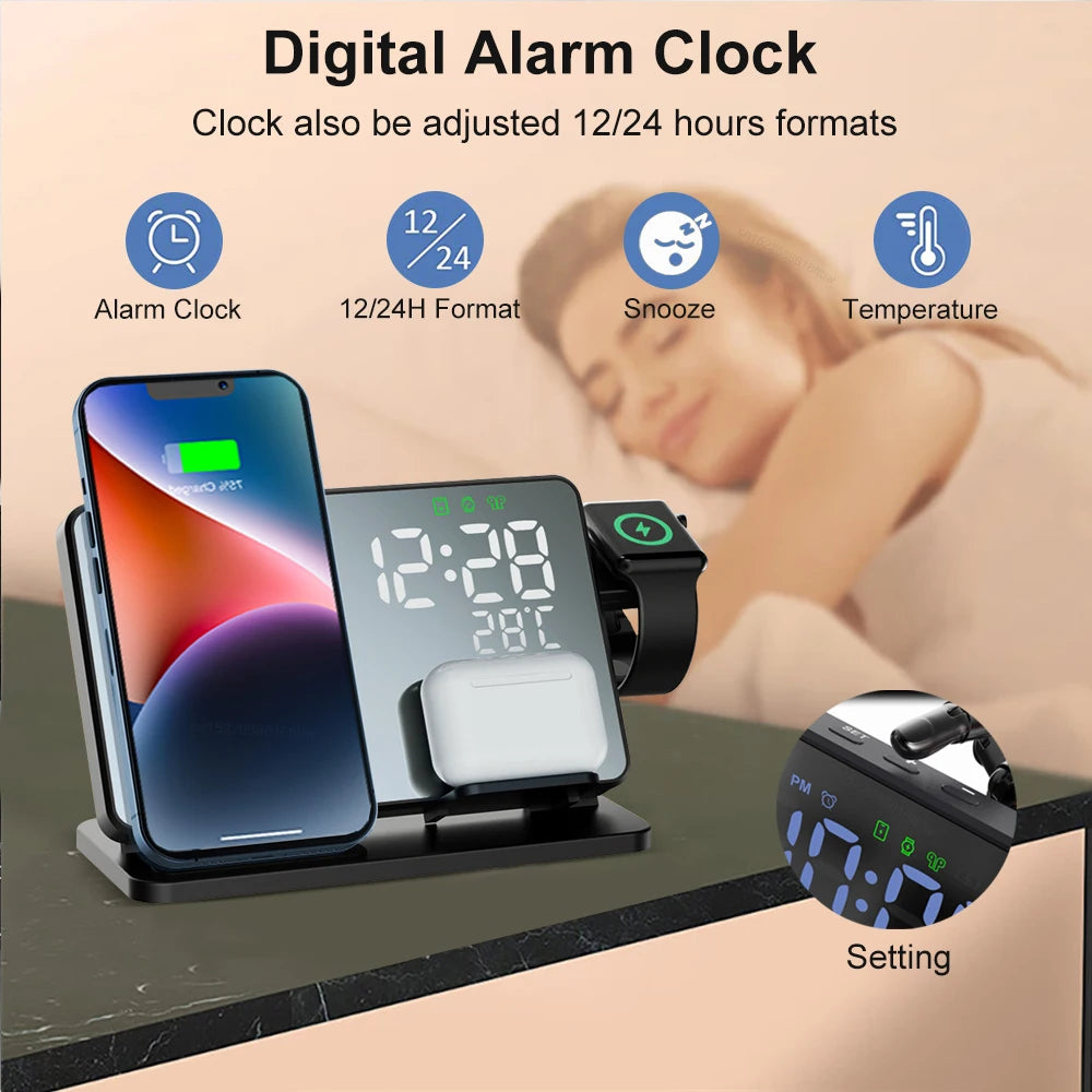 Premium 3-in-1 Wireless Charger Fast Charging Dock Station with Clock Multi Device Charging Stand Smartphone Watch Earbuds Compatible