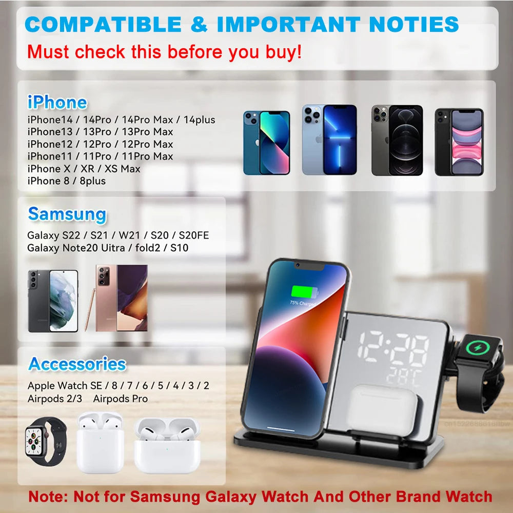Premium 3-in-1 Wireless Charger Fast Charging Dock Station with Clock Multi Device Charging Stand Smartphone Watch Earbuds Compatible