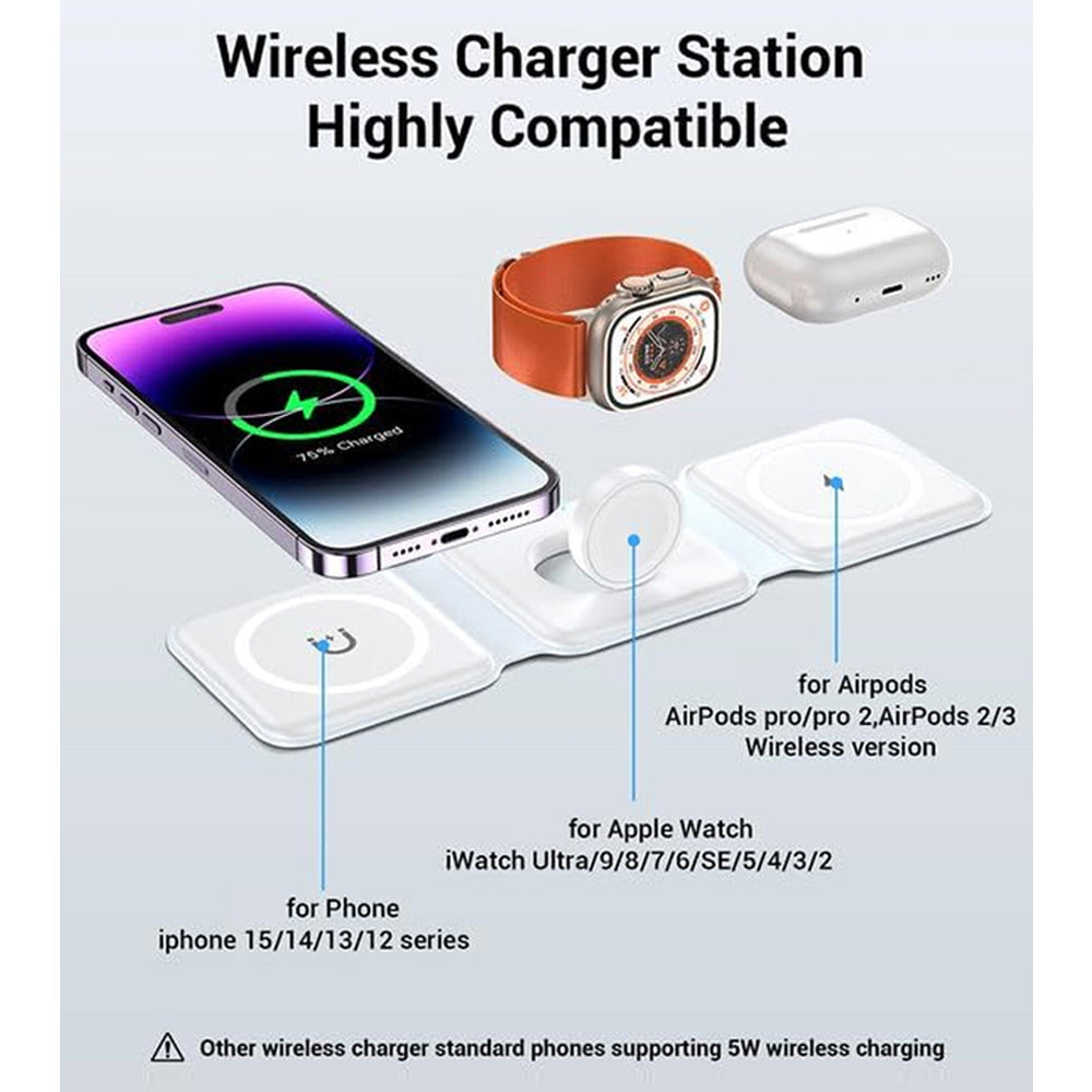 Premium 3-in-1 Wireless Charger Foldable MagSafe Compatible 15W Fast Charging Aluminum Dock Station Magnetic Multi Device Charging Stand