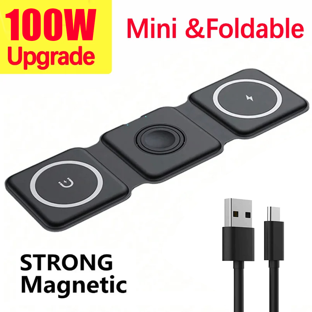 Premium 3-in-1 Wireless Charger Foldable MagSafe Compatible 15W Fast Charging Aluminum Dock Station Magnetic Multi Device Charging Stand