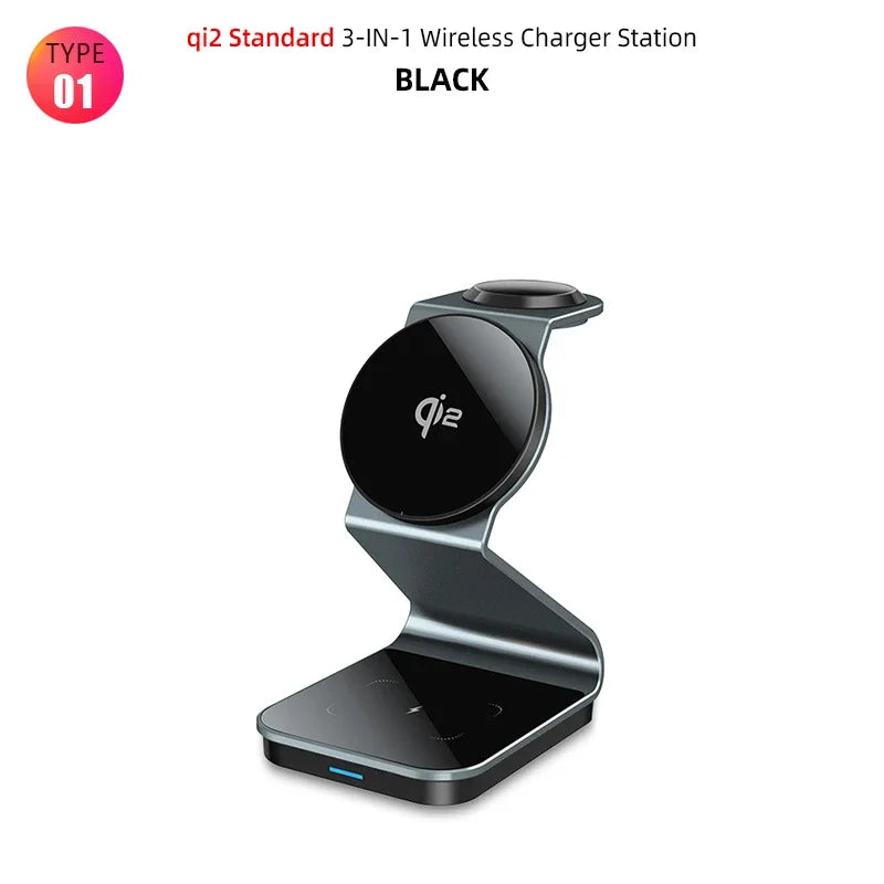 Premium 3-in-1 Wireless Charger Foldable MagSafe Compatible 15W Fast Charging Aluminum Dock Station Magnetic Multi Device Charging Stand