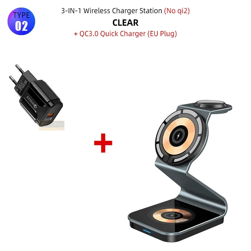 Premium 3-in-1 Wireless Charger Foldable MagSafe Compatible 15W Fast Charging Aluminum Dock Station Magnetic Multi Device Charging Stand