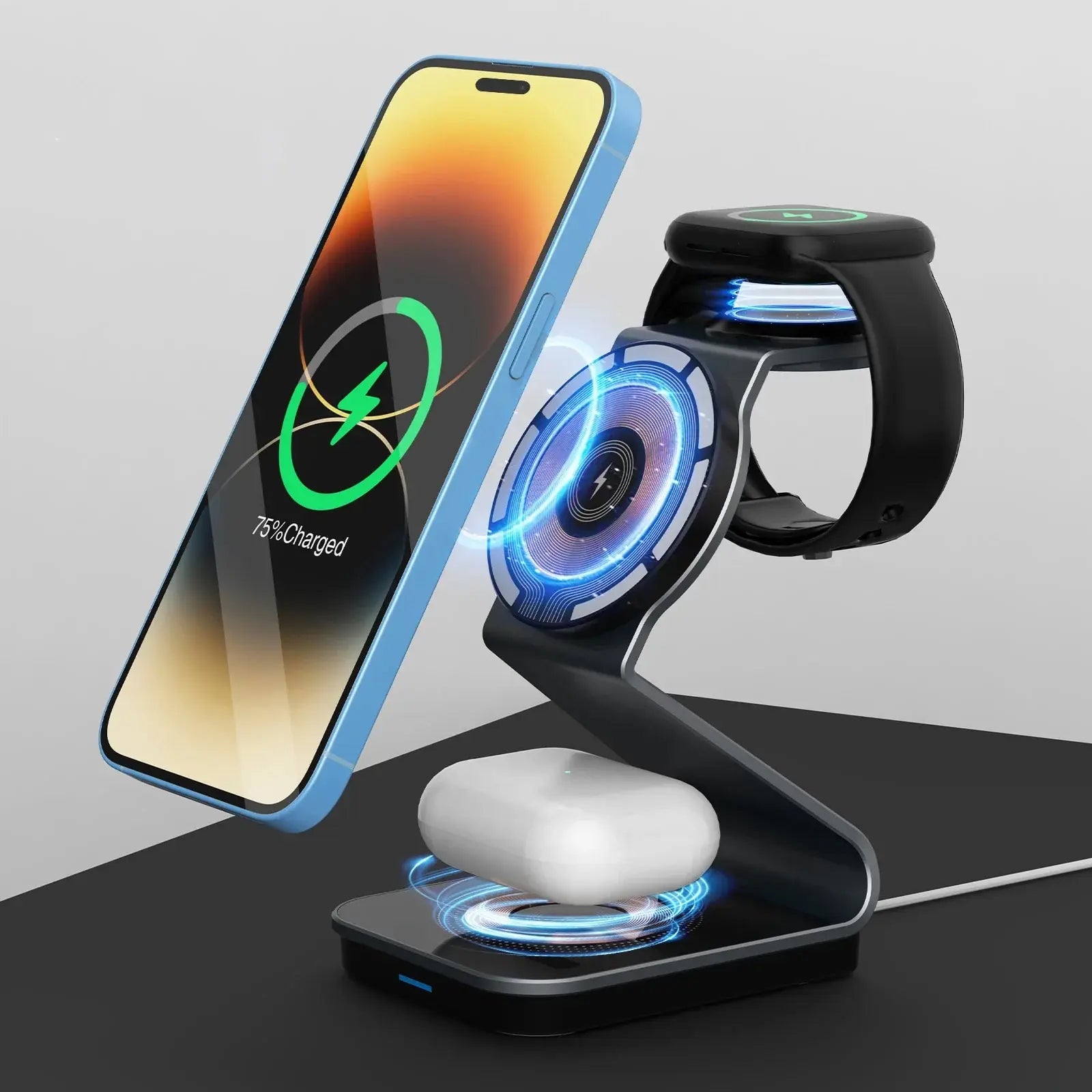 Premium 3-in-1 Wireless Charger Foldable MagSafe Compatible 15W Fast Charging Aluminum Dock Station Magnetic Multi Device Charging Stand