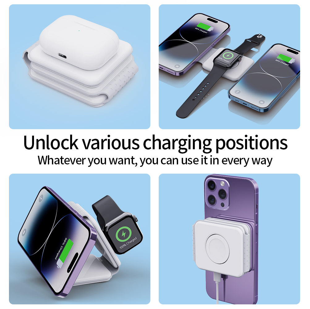 Premium 3-in-1 Wireless Charger Foldable MagSafe Compatible 15W Fast Charging Station Magnetic Portable Charging Dock Smartphone Watch Earbuds