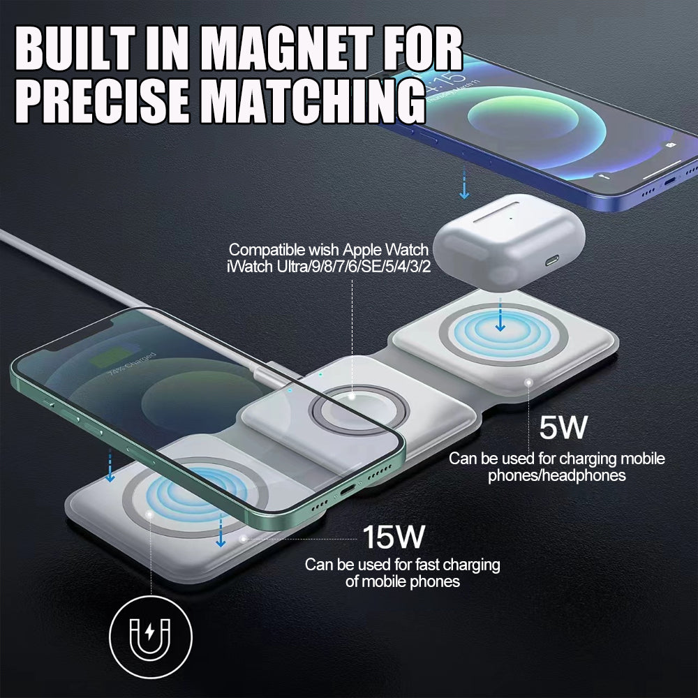 Premium 3-in-1 Wireless Charger Foldable MagSafe Compatible 15W Fast Charging Station Magnetic Portable Charging Dock Smartphone Watch Earbuds