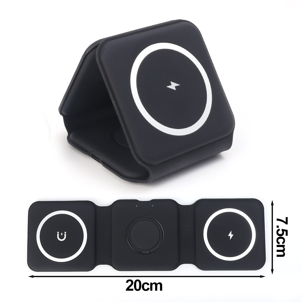 Premium 3-in-1 Wireless Charger Foldable MagSafe Compatible 15W Fast Charging Station Magnetic Portable Charging Dock Smartphone Watch Earbuds