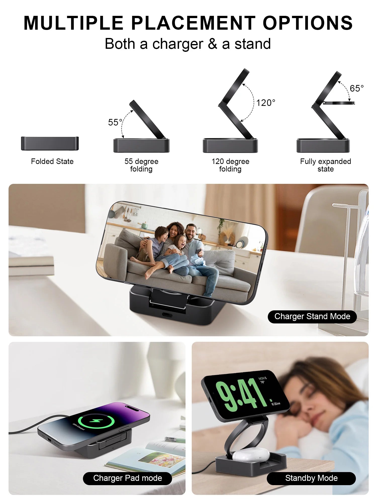 Premium 3-in-1 Wireless Charger Foldable MagSafe Compatible 15W Fast Charging Station Magnetic Portable Charging Dock Smartphone Watch Earbuds