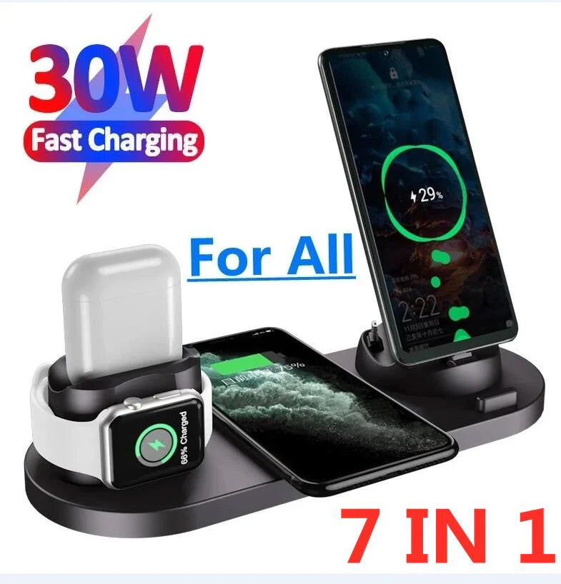 Premium 7-in-1 Wireless Charger Fast Charging Station Foldable Multi Device Charging Dock Smartphone Watch Earbuds Compatible