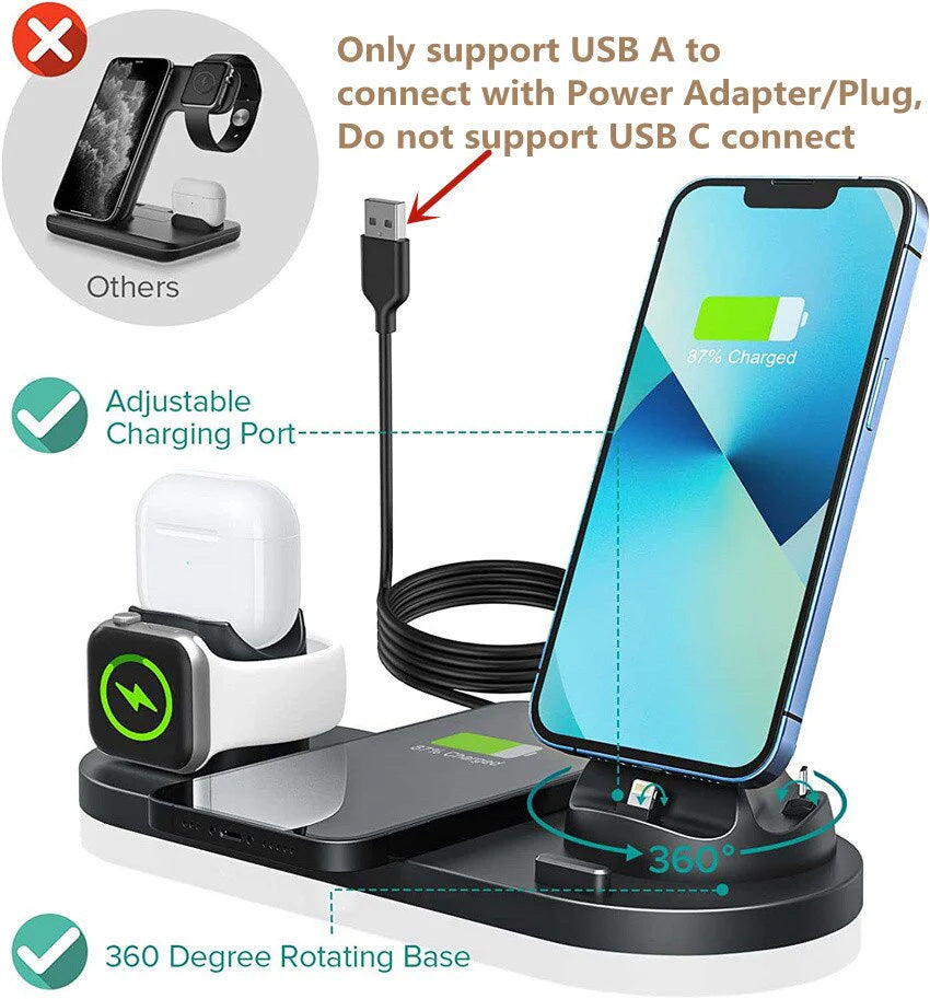 Premium 7-in-1 Wireless Charger Fast Charging Station Foldable Multi Device Charging Dock Smartphone Watch Earbuds Compatible