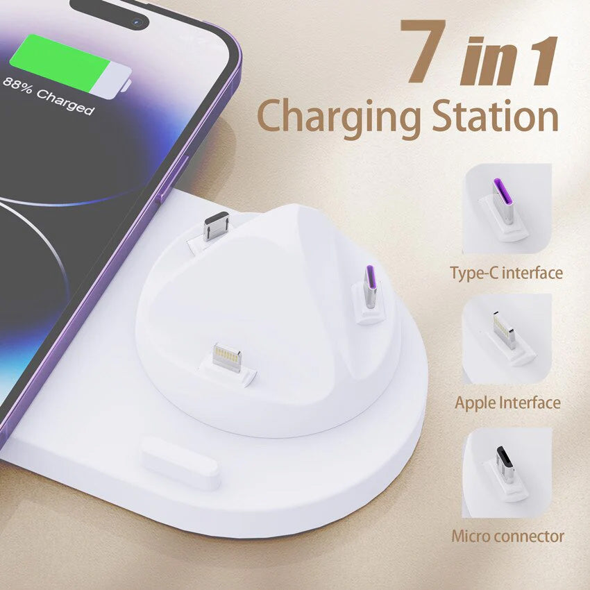 Premium 7-in-1 Wireless Charger Fast Charging Station Foldable Multi Device Charging Dock Smartphone Watch Earbuds Compatible