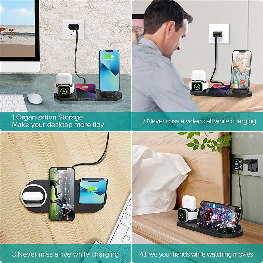 Premium 7-in-1 Wireless Charger Fast Charging Station Foldable Multi Device Charging Dock Smartphone Watch Earbuds Compatible