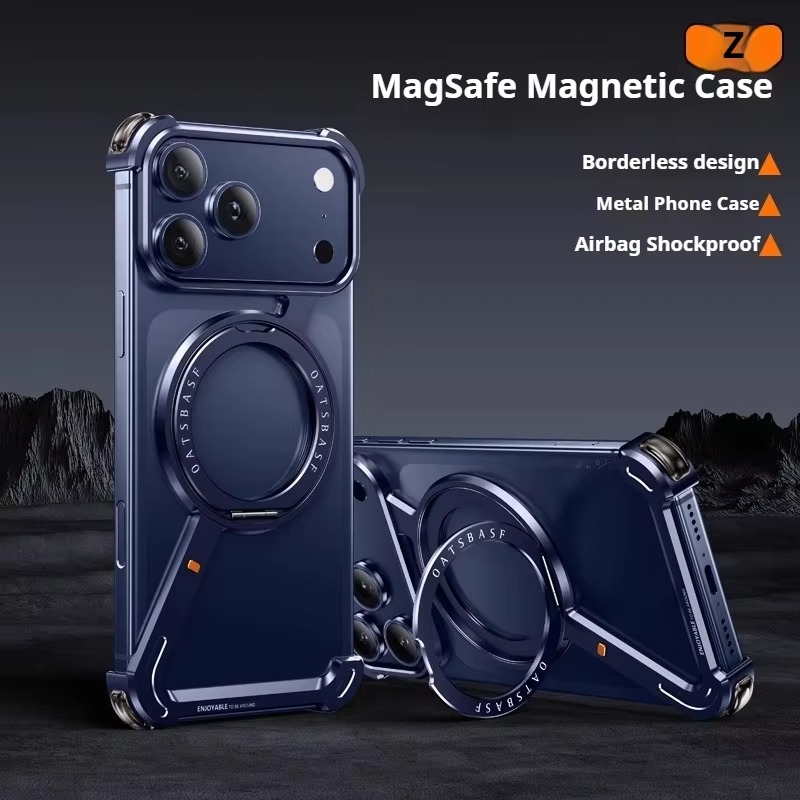 Premium Aluminum Magnetic iPhone Case MagSafe Compatible Frameless Shockproof Protector 360° Rotating Stand Ring Camera Lens Guard