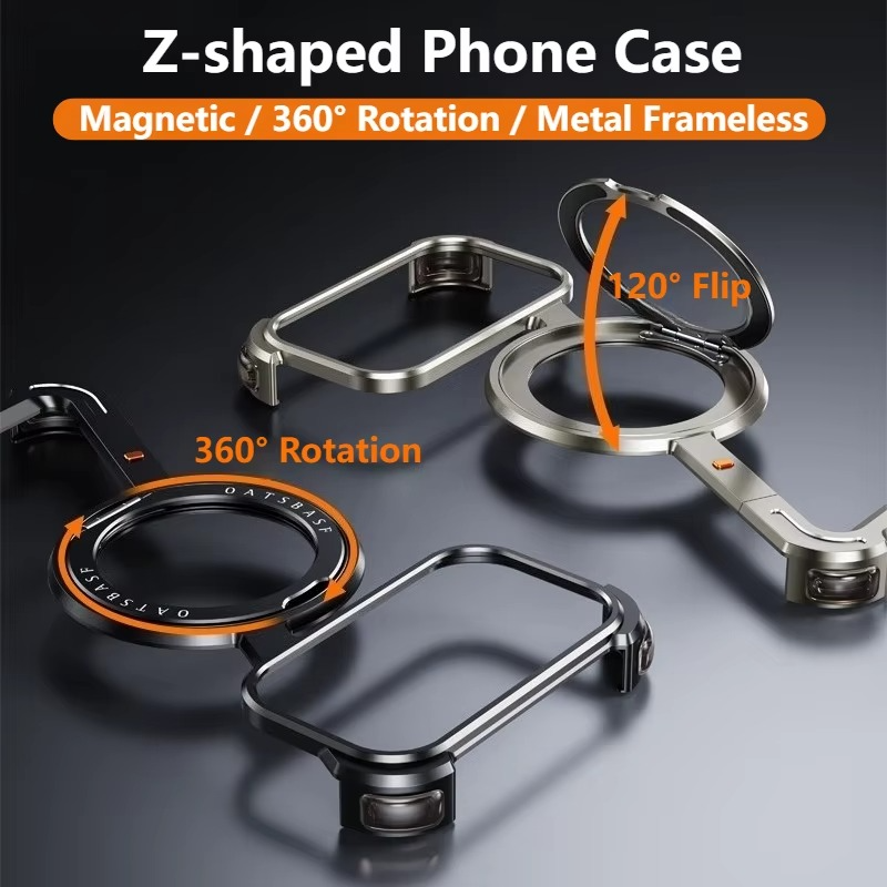 Premium Aluminum Magnetic iPhone Case MagSafe Compatible Frameless Shockproof Protector 360° Rotating Stand Ring Camera Lens Guard