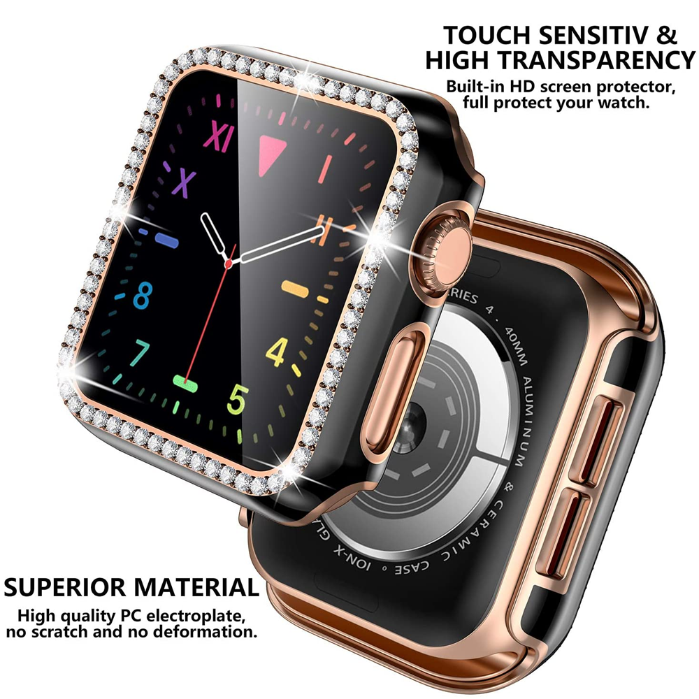 Premium Apple Watch Case Bling Rhinestone Glass Screen Protector Shockproof Protective Cover Luxury Design