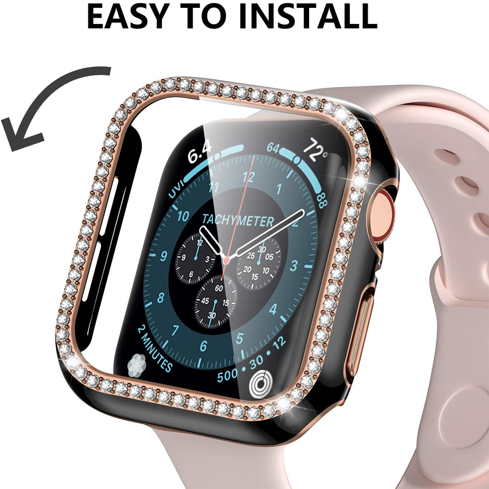 Premium Apple Watch Case Bling Rhinestone Glass Screen Protector Shockproof Protective Cover Luxury Design