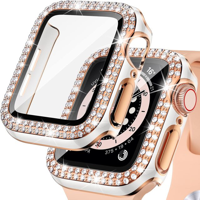 Premium Apple Watch Case Bling Rhinestone Glass Screen Protector Shockproof Protective Cover Luxury Design