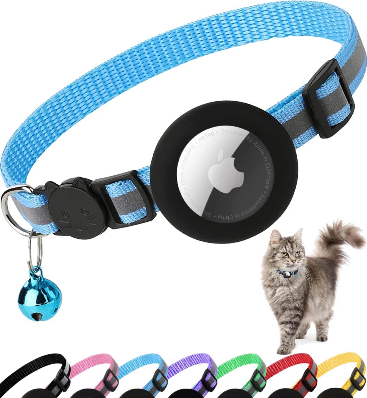 Premium Cat Collar AirTag Holder Reflective Adjustable Detachable Bell Pet Collar Secure Fit Lightweight Design
