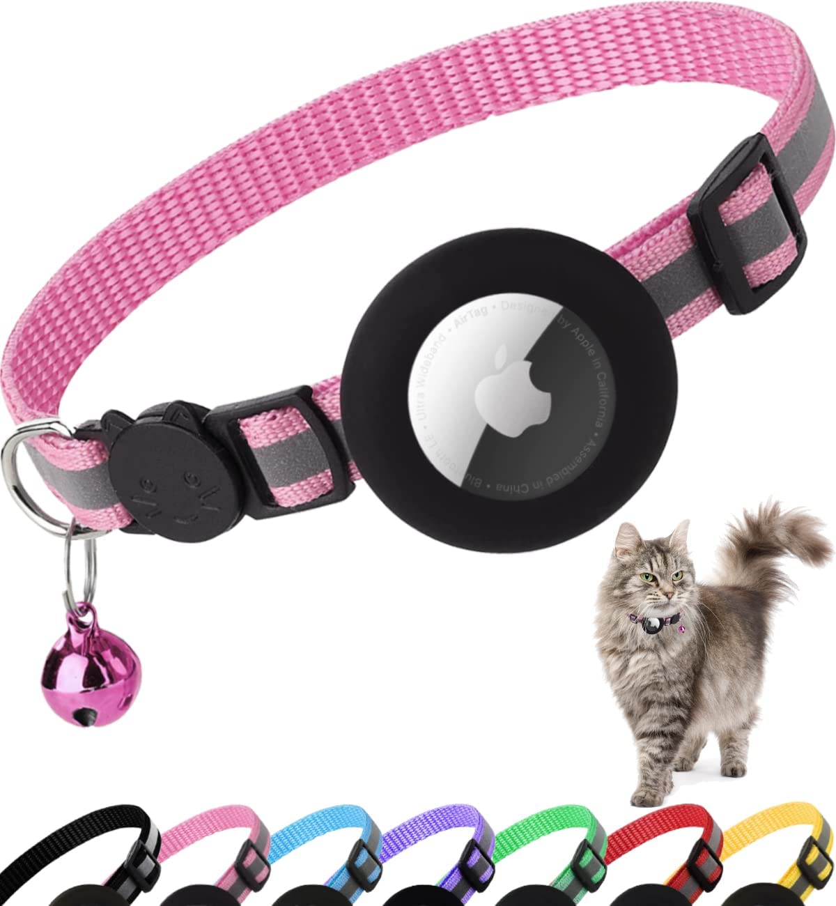 Premium Cat Collar AirTag Holder Reflective Adjustable Detachable Bell Pet Collar Secure Fit Lightweight Design