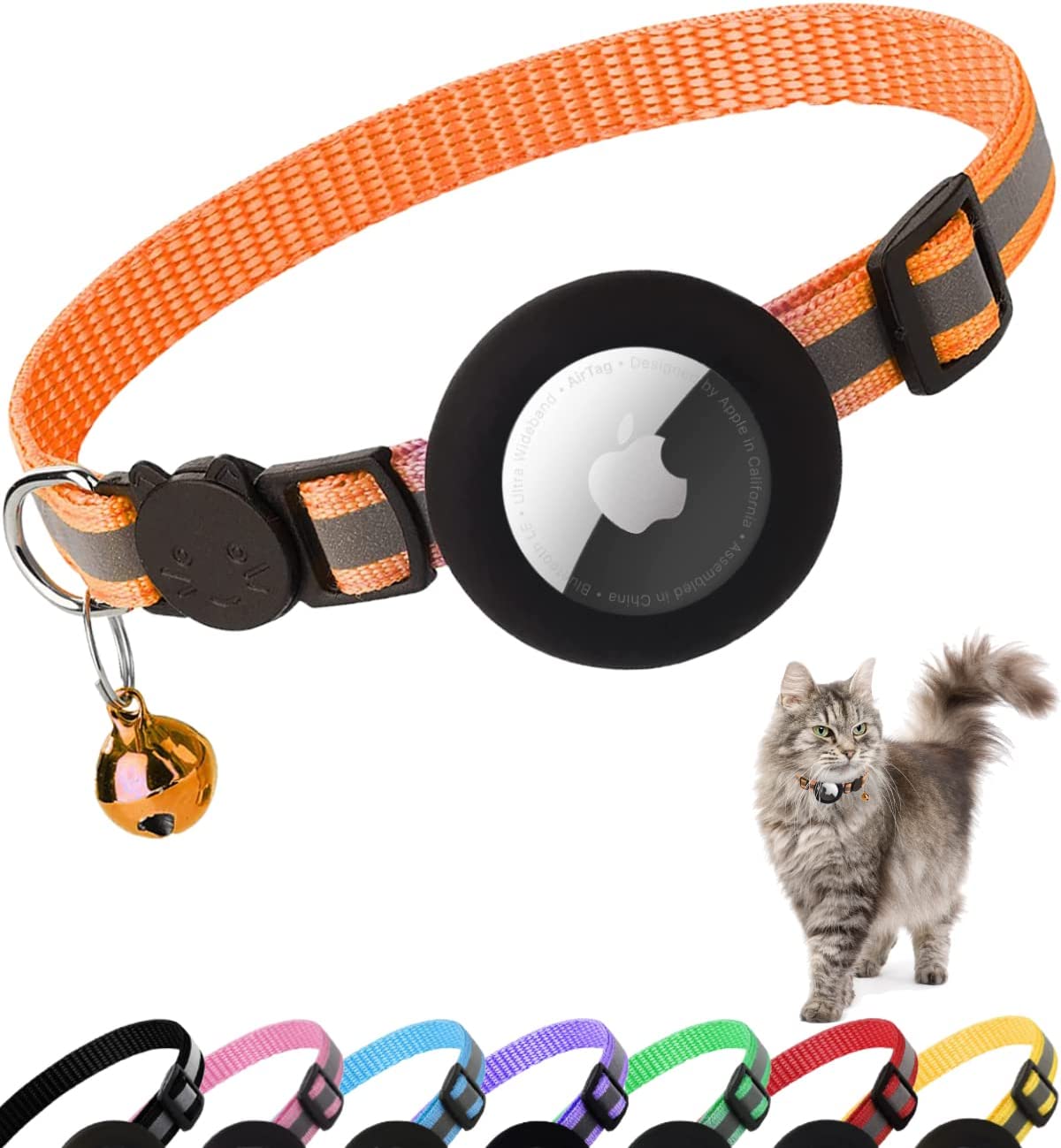 Premium Cat Collar AirTag Holder Reflective Adjustable Detachable Bell Pet Collar Secure Fit Lightweight Design
