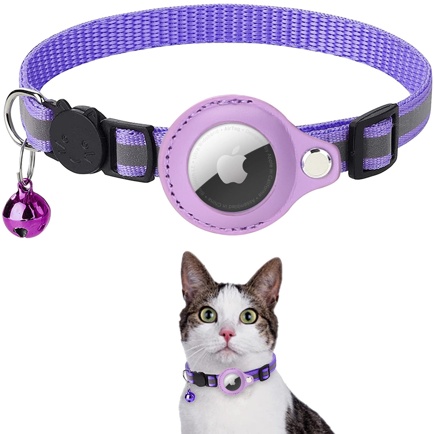 Premium Cat Collar AirTag Holder Reflective Adjustable Detachable Bell Pet Collar Secure Fit Lightweight Design