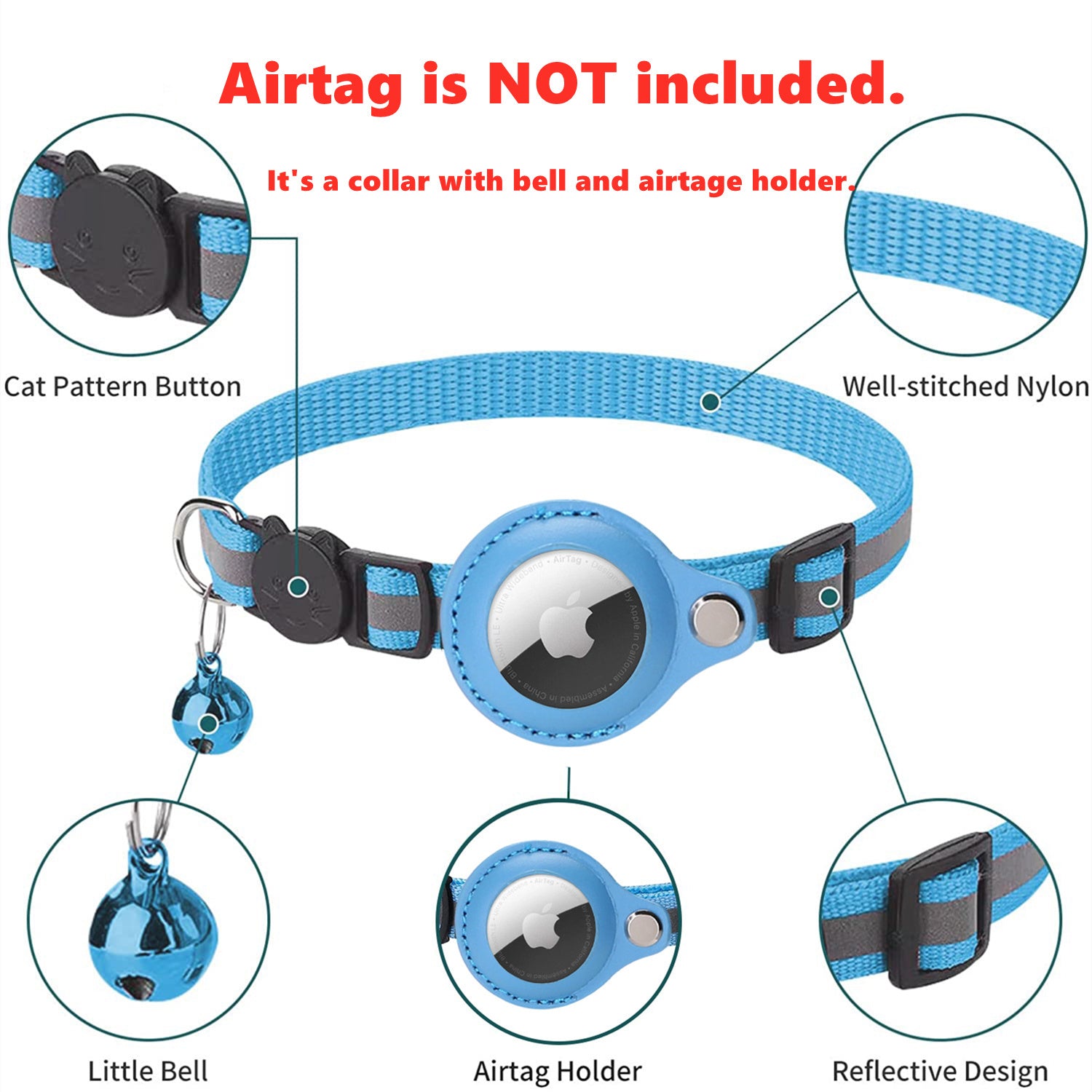 Premium Cat Collar AirTag Holder Reflective Adjustable Detachable Bell Pet Collar Secure Fit Lightweight Design