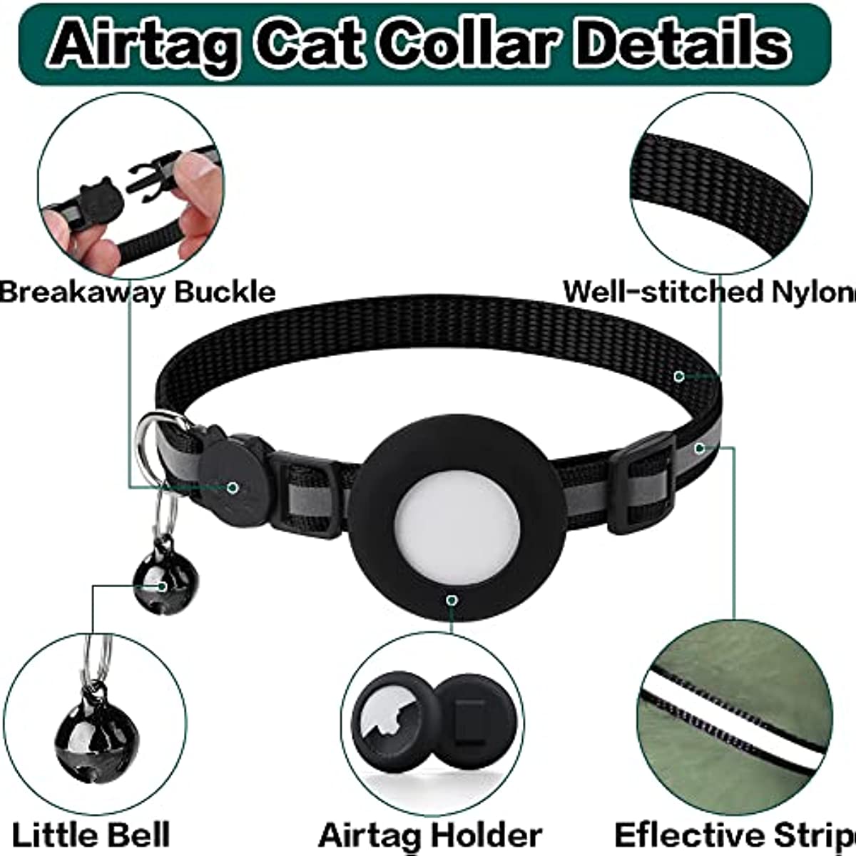 Premium Cat Collar AirTag Holder Reflective Adjustable Detachable Bell Pet Collar Secure Fit Lightweight Design