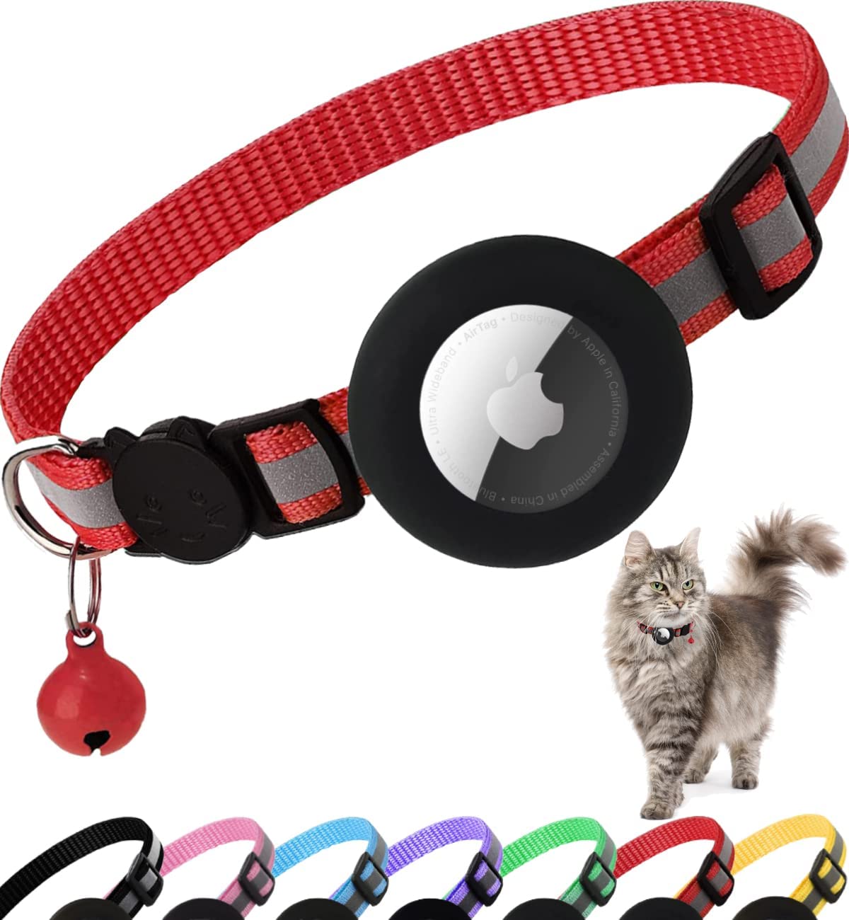 Premium Cat Collar AirTag Holder Reflective Adjustable Detachable Bell Pet Collar Secure Fit Lightweight Design